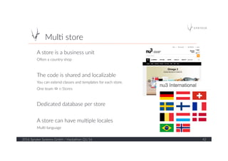 Mul?  store  
2016  Spryker  Systems  GmbH  /  Hackathon  Q1/16   42  
A  store  is  a  business  unit  
Osen  a  country  shop  
  
The  code  is  shared  and  localizable  
You  can  extend  classes  and  templates  for  each  store.  
One  team  ó  n  Stores  
  
Dedicated  database  per  store  
  
A  store  can  have  mul?ple  locales  
Mul?-­‐language  
 