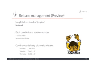 Release  management  (Preview)  
2016  Spryker  Systems  GmbH  /  Hackathon  Q1/16   43  
No  global  version  for  Spryker!  
Spryker  V2  
  
Each  bundle  has  a  version  number    
>  100  bundles  
Seman?c  versioning  
  
Con?nuous  delivery  of  atomic  releases  
  Monday:     Cart  2.0.0    
  Tuesday:     Cms  3.1.0  
  Thursday:   Cart  2.1.0  
 