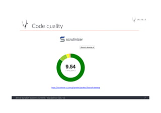 Code  quality  
2016  Spryker  Systems  GmbH  /  Hackathon  Q1/16   7  
h"ps://scru*nizer-­‐ci.com/g/spryker/spryker/?branch=develop	
  
	
  
 