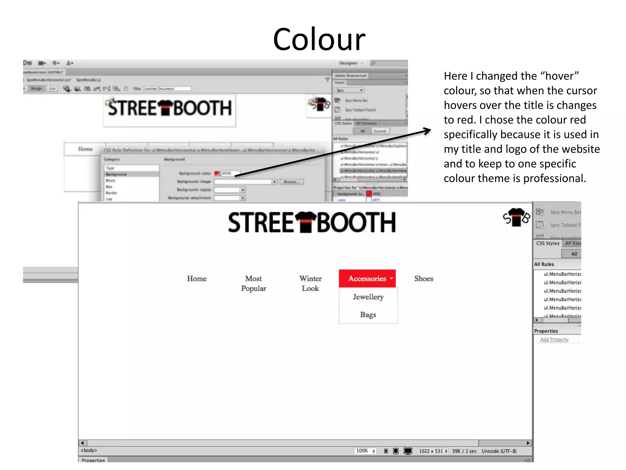 Colour
Here I changed the “hover”
colour, so that when the cursor
hovers over the title is changes
to red. I chose the colour red
specifically because it is used in
my title and logo of the website
and to keep to one specific
colour theme is professional.

 