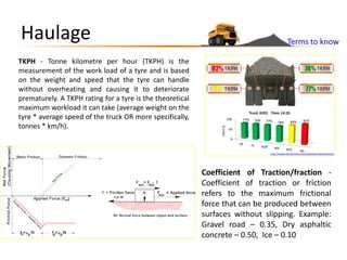 Haulage Terms to know
TKPH - Tonne kilometre per hour (TKPH) is the
measurement of the work load of a tyre and is based
on the weight and speed that the tyre can handle
without overheating and causing it to deteriorate
prematurely. A TKPH rating for a tyre is the theoretical
maximum workload it can take (average weight on the
tyre * average speed of the truck OR more specifically,
tonnes * km/h).
Coefficient of Traction/fraction -
Coefficient of traction or friction
refers to the maximum frictional
force that can be produced between
surfaces without slipping. Example:
Gravel road – 0.35, Dry asphaltic
concrete – 0.50, Ice – 0.10
http://www.wencomine.com/solutions/maintenance/
 