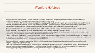 Wymiary Hofstede
• Wskaźnik dystansu władzy (Power Distance Index – PDI) – relacje przełożony / podwładny, władza / obywatel; stopień: akceptacji
nierówności społecznych, autorytarności władzy, oczekiwanego posłuszeństwa;
- wysoki - mentalność PRL, centralne planowanie przedsięwzięć gospodarczych, dyrektywny styl sprawowania władzy, przerost biurokracji,
pasywne zachowanie pracowników, model „szlachcica na zagrodzie” i „pańszczyźnianego chłopa”; z dystansem między właścicielem a
pracownikami, silna solidarność pracowników skierowana przeciwko kierownictwu, kolektywizm i relatywizm etyczny.
• Wskaźnik kolektywizmu i indywidualizmu (Individualism – IDV) – dobro jednostki / grupy. Większość społeczeństw - kolektywistyczne,
pozycja jednostki - przynależność do grupy; w indywidualistycznych pozycja jednostki - własne przymioty;
- niski - społeczeństwo kolektywne, ważne przyjaźnie, rodzina, znajomości ze względu na katolicyzm (sprawiedliwość i równość, mniejszy
szacunek do prawa) oraz komunizm (nieufność do struktur administracyjnych).
- Niemcy: u Polaków kolektywizm i solidaryzm pracowniczy połączony z brakiem lojalności wobec firmy i zaniedbywaniem jej interesów na
rzecz korzyści własnych (indywidualizm); słabo utożsamia się z przedsiębiorstwem, silnie z branżą/stanowiskiem; kombinowanie: decydenci
czują się zobowiązani do rezygnacji z formalnego sposobu działania.
• Wskaźnik kobiecości i męskości (Masculinity – MAS) – zróżnicowanie ról płci. Role kobiece: dbanie o uczucia i zachowanie harmonii,
a męskie – asertywność i przebojowość.
- W PL: poczucie bezpieczeństwa i stałość, dobre stosunki ze współpracownikami, skromność, nieokazywanie ambicji. Niżej cenione są
osiągnięcia, sympatię wzbudzają „nieudacznicy i antybohaterowie”. Konflikty organizacyjne są tłumione, praca nie jest najważniejszą
wartością życiową i ustępuje miejsca rodzinie, znaczny nacisk stawiany jest na egalitaryzm płacowy.
 