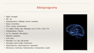 Metaprogramy
• Ogół / szczegół
• Od - do
• Doświadczenie / refleksja / teoria / praktyka
• Opcje / procedury
• Chcę / muszę / powinienem
• Co / gdzie / kiedy / jak / dlaczego / po co / kto / z kim / ile
• Podobieństwa / różnice
• Ja / Ty / sytuacja / siła wyższa
• Aktywny / pasywny
• Linia czasu
• Dlaczego / co / jak / jak poszło
• Percepcja: czarno-biały / kontinuum
• Optymistyczny / pesymistyczny / racjonalny
• Wzrokowy / słuchowy / behawioralny / emocjonalny / audio
 