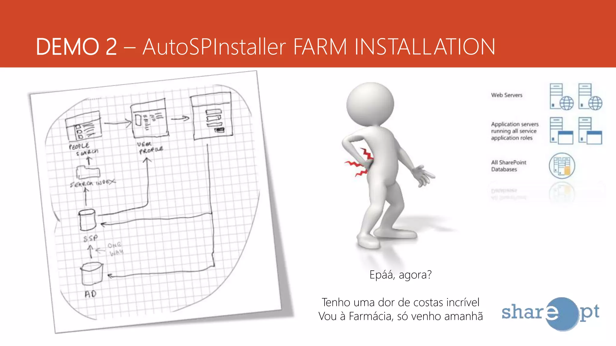 DEMO 2 – AutoSPInstaller FARM INSTALLATION
Epáá, agora?
Tenho uma dor de costas incrível
Vou à Farmácia, só venho amanhã
 