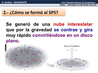 Se generó de una nube interestelar
que por la gravedad se contrae y gira
muy rápido convirtiéndose en un disco
plano.
2.- ¿Cómo se formó al SPS?
TEMA: « SISTEMA PLANETARIO SOLAR»
II- Unidad : GEOGRAFÍA I.E.P «Nuestra Señora de Guadalupe»
 