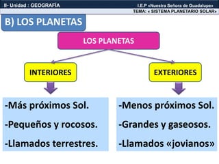 B) LOS PLANETAS
LOS PLANETAS
INTERIORES EXTERIORES
-Más próximos Sol.
-Pequeños y rocosos.
-Llamados terrestres.
-Menos próximos Sol.
-Grandes y gaseosos.
-Llamados «jovianos»
TEMA: « SISTEMA PLANETARIO SOLAR»
II- Unidad : GEOGRAFÍA I.E.P «Nuestra Señora de Guadalupe»
 