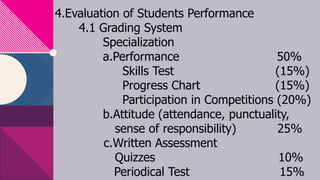 4.Evaluation of Students Performance
4.1 Grading System
Specialization
a.Performance 50%
Skills Test (15%)
Progress Chart (15%)
Participation in Competitions (20%)
b.Attitude (attendance, punctuality,
sense of responsibility) 25%
c.Written Assessment
Quizzes 10%
Periodical Test 15%
13
 