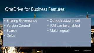 Sharing Governance
Version Control
Search
Delve
Outlook attachment
IRM can be enabled
Multi lingual
OneDrive for Business Features
 