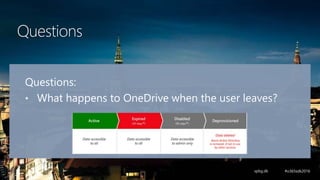 Questions
Questions:
• What happens to OneDrive when the user leaves?
 