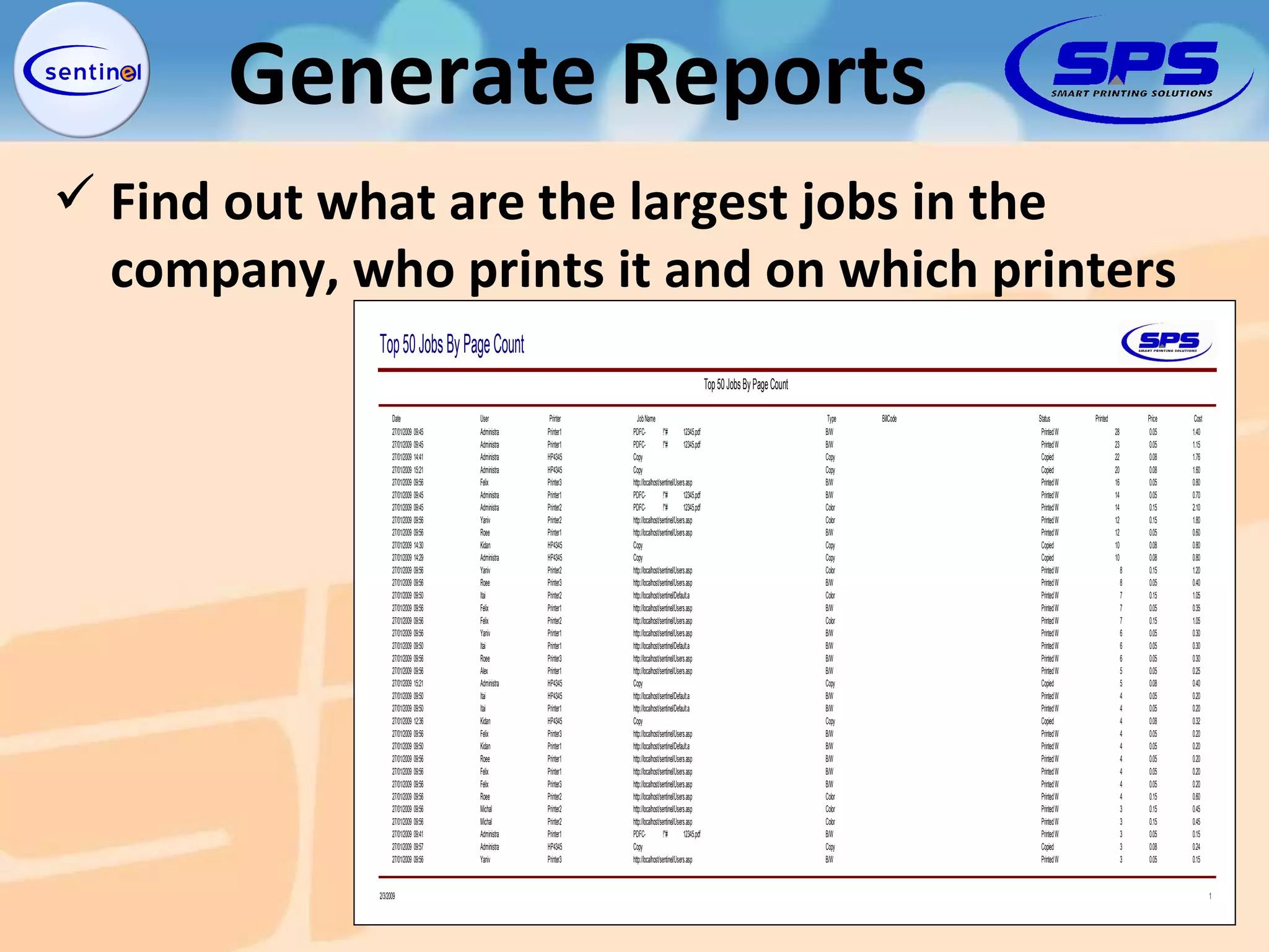 Find out what are the largest jobs in the company, who prints it and on which printers Generate Reports 