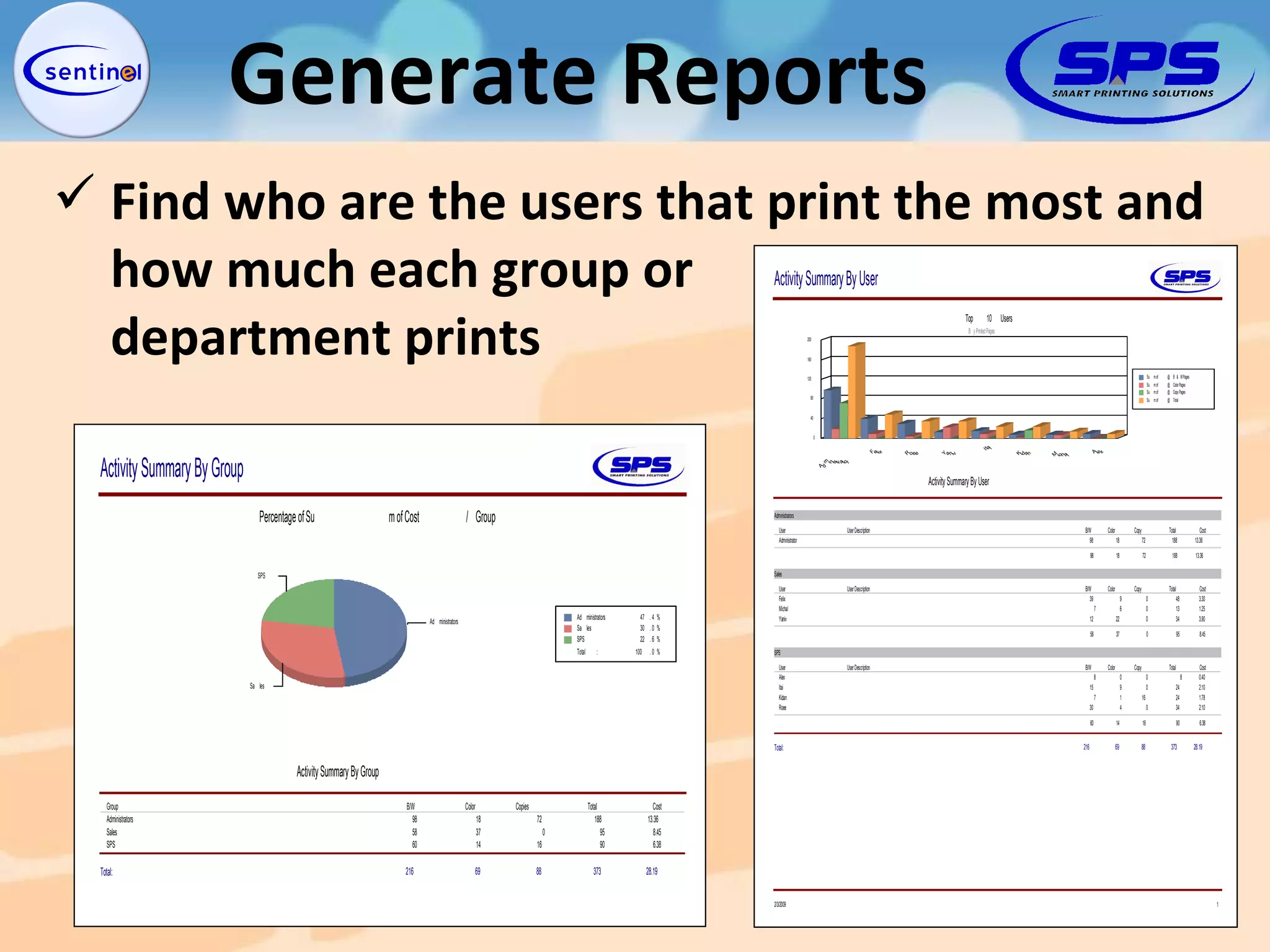 Find who are the users that print the most and how much each group or department prints Generate Reports 