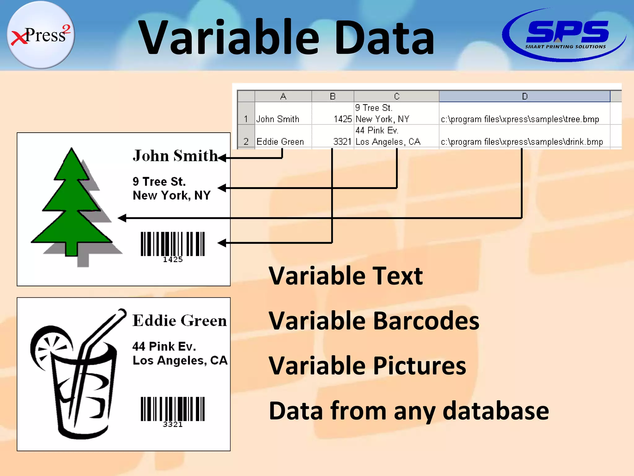Variable Data Variable Text Variable Barcodes Variable Pictures Data from any database 