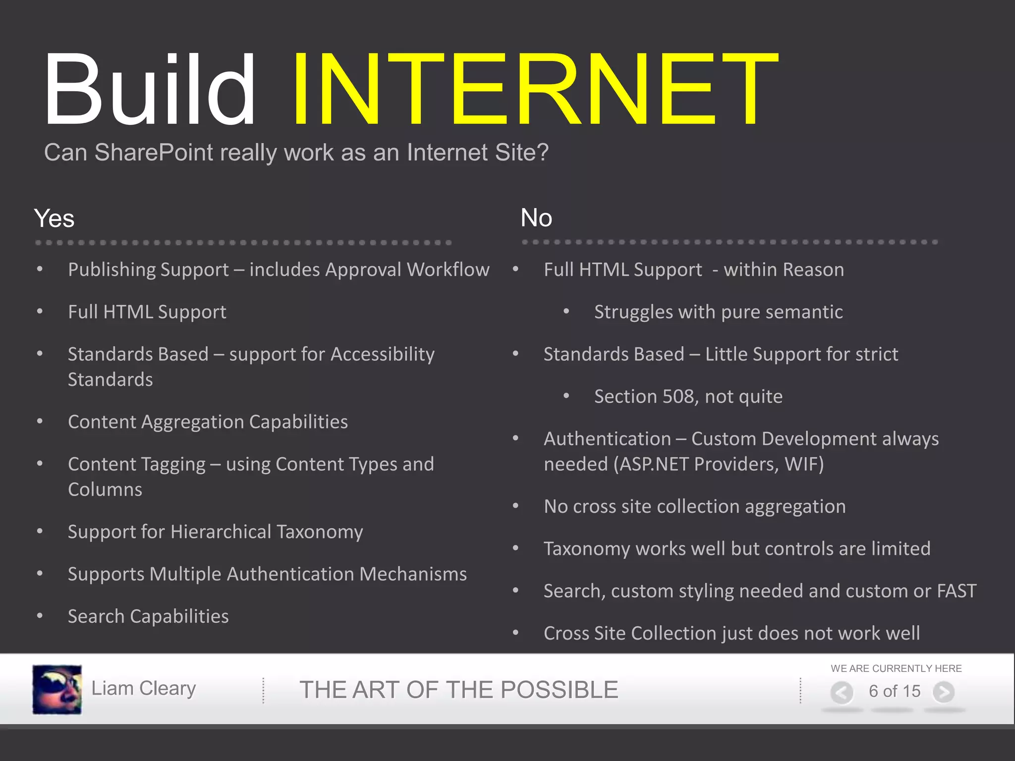 Build INTERNET
    Can SharePoint really work as an Internet Site?

Yes                                                         No
•     Publishing Support – includes Approval Workflow   •    Full HTML Support - within Reason

•     Full HTML Support                                          •   Struggles with pure semantic

•     Standards Based – support for Accessibility       •    Standards Based – Little Support for strict
      Standards
                                                                 •   Section 508, not quite
•     Content Aggregation Capabilities
                                                        •    Authentication – Custom Development always
•     Content Tagging – using Content Types and              needed (ASP.NET Providers, WIF)
      Columns
                                                        •    No cross site collection aggregation
•     Support for Hierarchical Taxonomy
                                                        •    Taxonomy works well but controls are limited
•     Supports Multiple Authentication Mechanisms
                                                        •    Search, custom styling needed and custom or FAST
•     Search Capabilities
                                                        •    Cross Site Collection just does not work well
                                                                                               WE ARE CURRENTLY HERE

        Liam Cleary              THE ART OF THE POSSIBLE                                             6 of 15
 