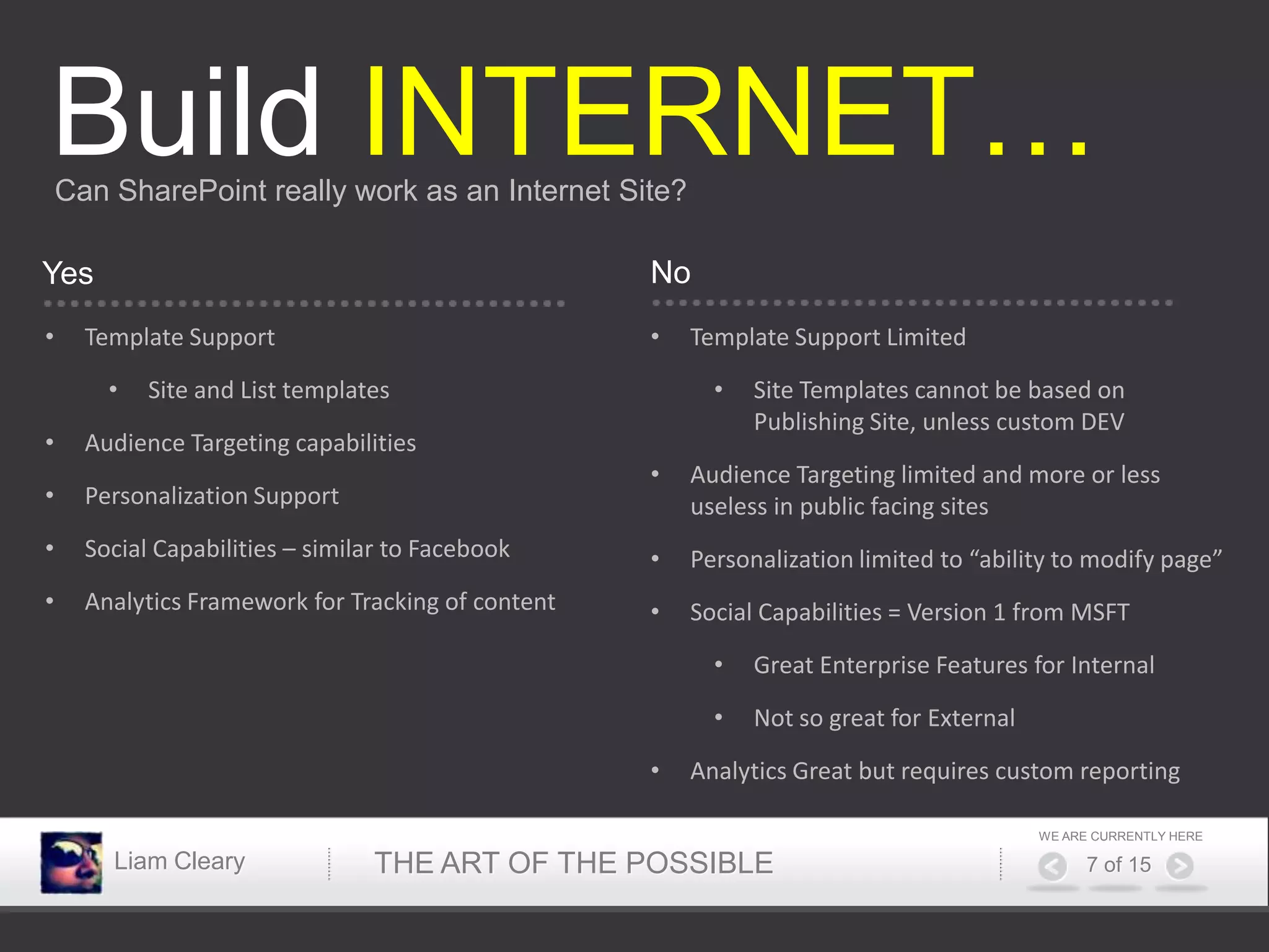 Build INTERNET…
    Can SharePoint really work as an Internet Site?

Yes                                                 No
•     Template Support                              •   Template Support Limited

        •   Site and List templates                       •   Site Templates cannot be based on
                                                              Publishing Site, unless custom DEV
•     Audience Targeting capabilities
                                                    •   Audience Targeting limited and more or less
•     Personalization Support                           useless in public facing sites
•     Social Capabilities – similar to Facebook     •   Personalization limited to “ability to modify page”
•     Analytics Framework for Tracking of content   •   Social Capabilities = Version 1 from MSFT

                                                          •   Great Enterprise Features for Internal

                                                          •   Not so great for External

                                                    •   Analytics Great but requires custom reporting

                                                                                          WE ARE CURRENTLY HERE

        Liam Cleary              THE ART OF THE POSSIBLE                                        7 of 15
 