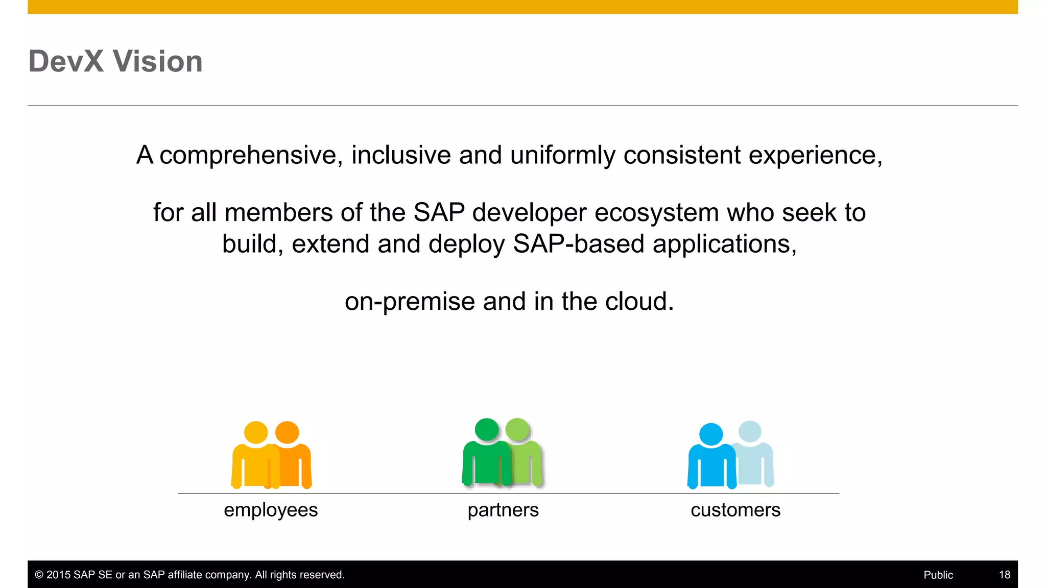© 2015 SAP SE or an SAP affiliate company. All rights reserved. 18Public
DevX Vision
A comprehensive, inclusive and uniformly consistent experience,
for all members of the SAP developer ecosystem who seek to
build, extend and deploy SAP-based applications,
on-premise and in the cloud.
employees partners customers
 