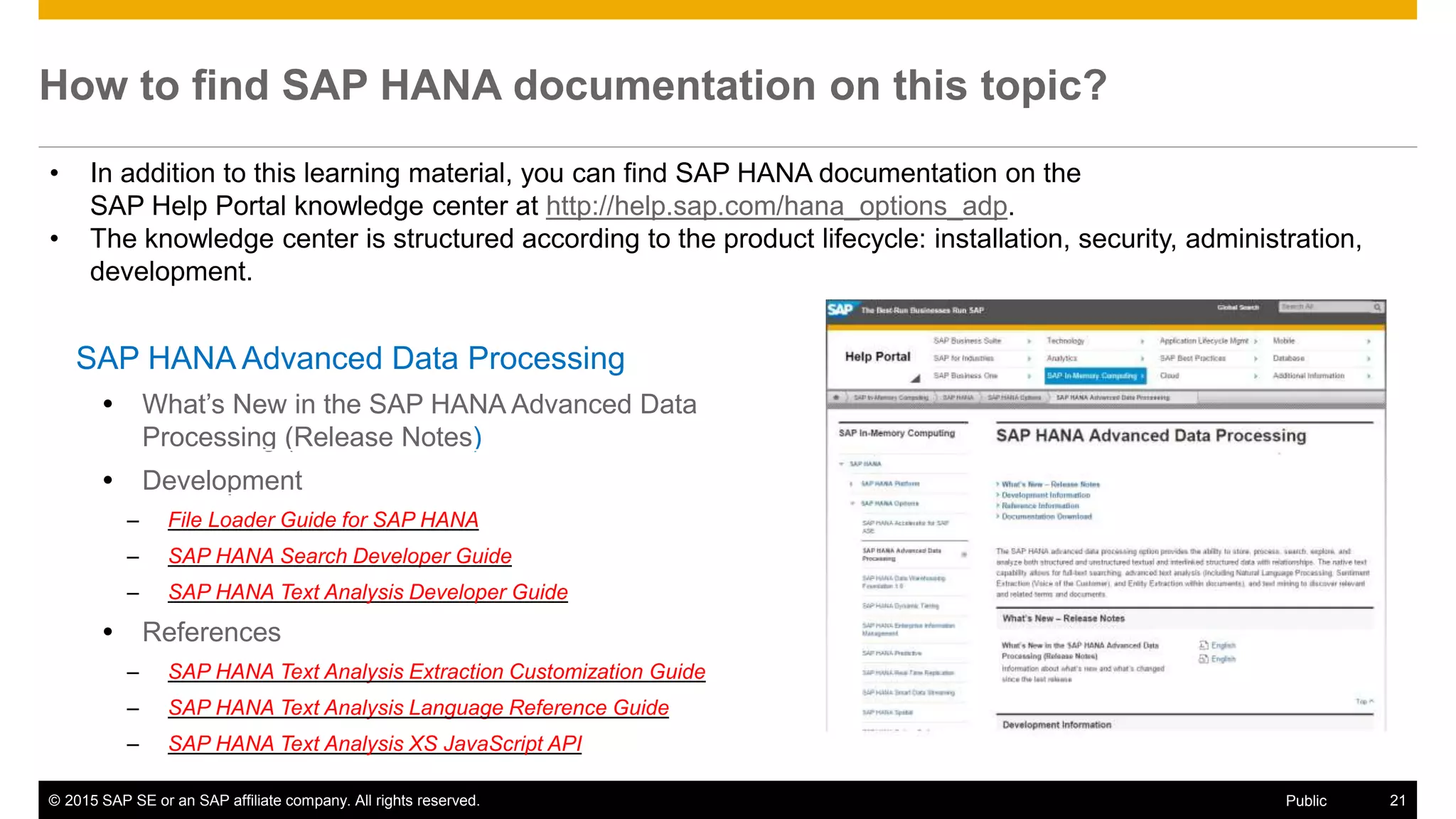 © 2015 SAP SE or an SAP affiliate company. All rights reserved. 21Public
How to find SAP HANA documentation on this topic?
SAP HANA Advanced Data Processing
 What’s New in the SAP HANA Advanced Data
Processing (Release Notes)
 Development
– File Loader Guide for SAP HANA
– SAP HANA Search Developer Guide
– SAP HANA Text Analysis Developer Guide
 References
– SAP HANA Text Analysis Extraction Customization Guide
– SAP HANA Text Analysis Language Reference Guide
– SAP HANA Text Analysis XS JavaScript API
• In addition to this learning material, you can find SAP HANA documentation on the
SAP Help Portal knowledge center at http://help.sap.com/hana_options_adp.
• The knowledge center is structured according to the product lifecycle: installation, security, administration,
development.
 