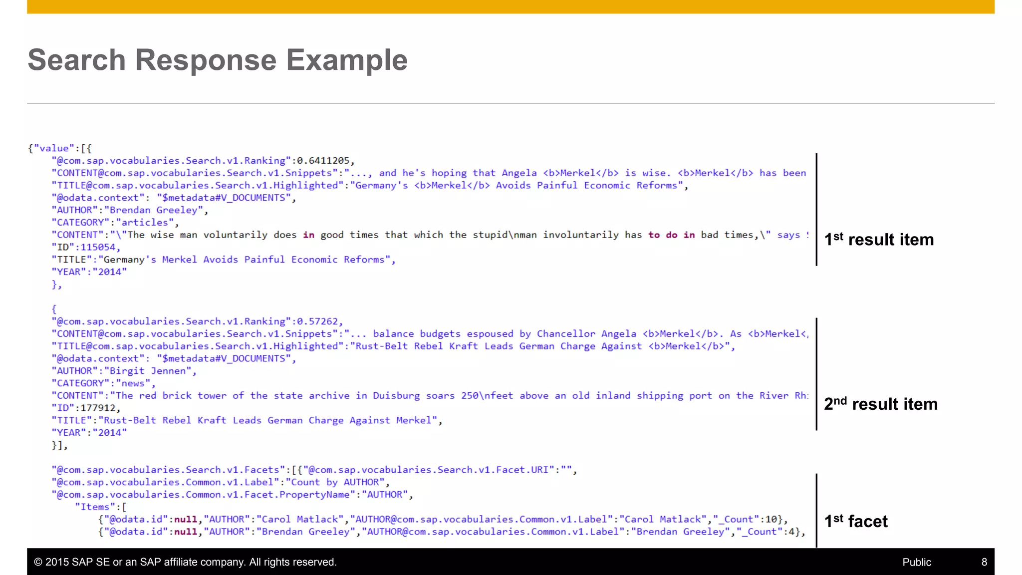 © 2015 SAP SE or an SAP affiliate company. All rights reserved. 8Public
Search Response Example
1st result item
2nd result item
1st facet
 