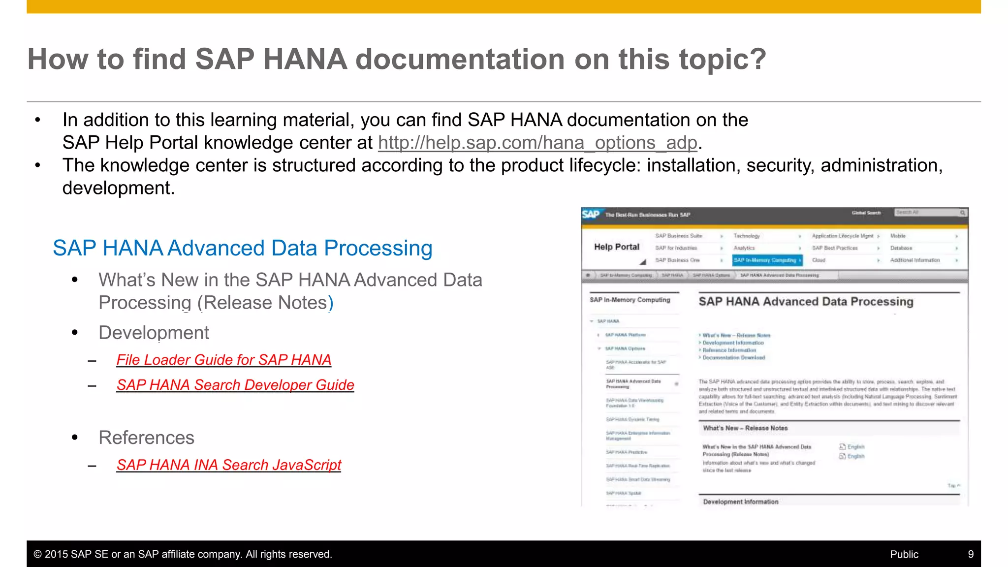 © 2015 SAP SE or an SAP affiliate company. All rights reserved. 9Public
How to find SAP HANA documentation on this topic?
SAP HANA Advanced Data Processing
 What’s New in the SAP HANA Advanced Data
Processing (Release Notes)
 Development
– File Loader Guide for SAP HANA
– SAP HANA Search Developer Guide
 References
– SAP HANA INA Search JavaScript
• In addition to this learning material, you can find SAP HANA documentation on the
SAP Help Portal knowledge center at http://help.sap.com/hana_options_adp.
• The knowledge center is structured according to the product lifecycle: installation, security, administration,
development.
 