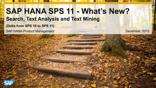 1© 2014 SAP AG or an SAP affiliate company. All rights reserved.
SAP HANA SPS 11 - What’s New?
Search, Text Analysis and Text Mining
SAP HANA Product Management December, 2015
(Delta from SPS 10 to SPS 11)
 