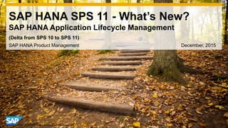 1© 2014 SAP AG or an SAP affiliate company. All rights reserved.
SAP HANA SPS 11 - What’s New?
SAP HANA Application Lifecycle Management
SAP HANA Product Management December, 2015
(Delta from SPS 10 to SPS 11)
 