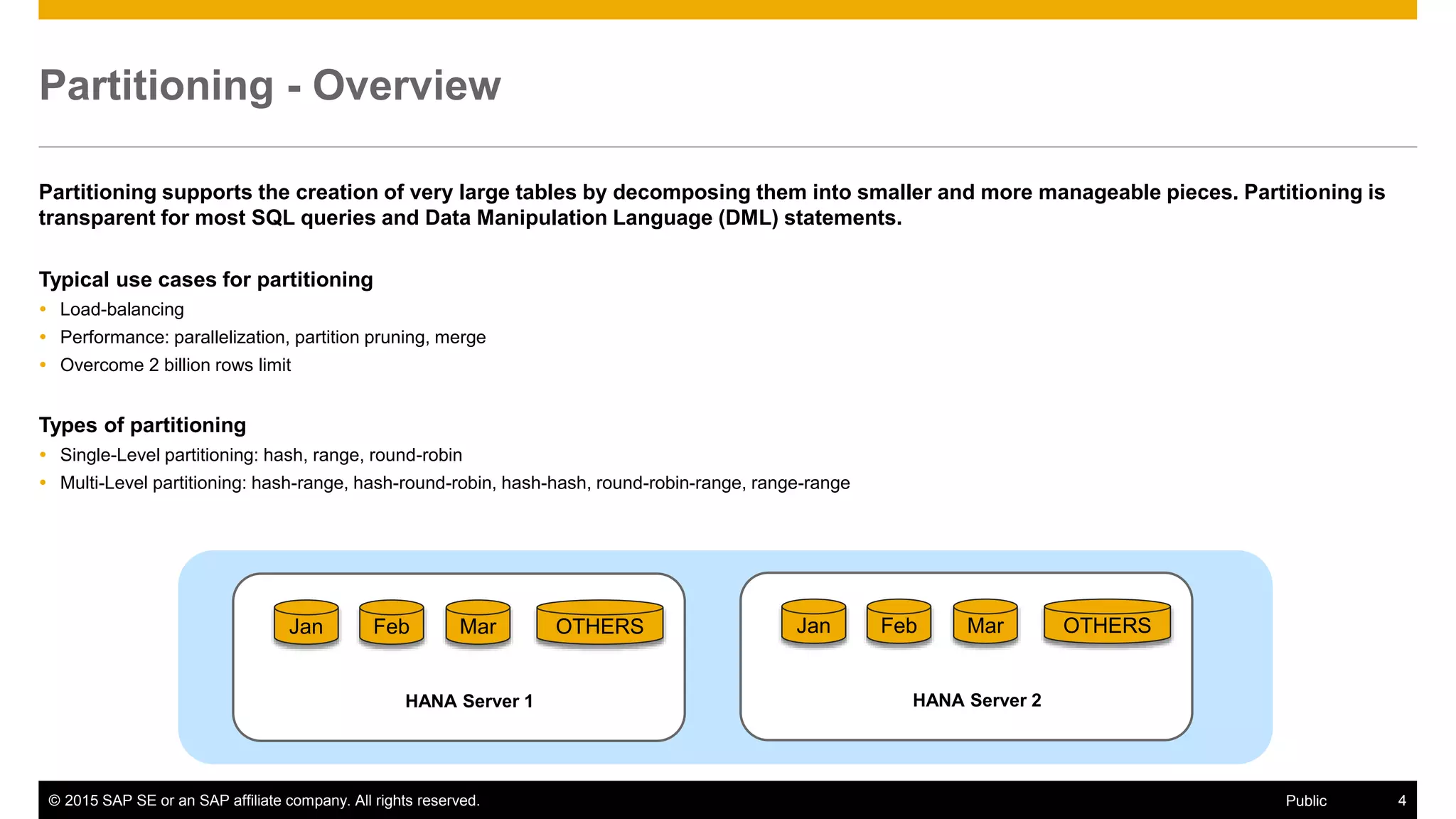 © 2015 SAP SE or an SAP affiliate company. All rights reserved. 4Public
Partitioning - Overview
Partitioning supports the creation of very large tables by decomposing them into smaller and more manageable pieces. Partitioning is
transparent for most SQL queries and Data Manipulation Language (DML) statements.
Typical use cases for partitioning
 Load-balancing
 Performance: parallelization, partition pruning, merge
 Overcome 2 billion rows limit
Types of partitioning
 Single-Level partitioning: hash, range, round-robin
 Multi-Level partitioning: hash-range, hash-round-robin, hash-hash, round-robin-range, range-range
FebJan Mar
HANA Server 1
OTHERS FebJan Mar
HANA Server 2
OTHERS
 