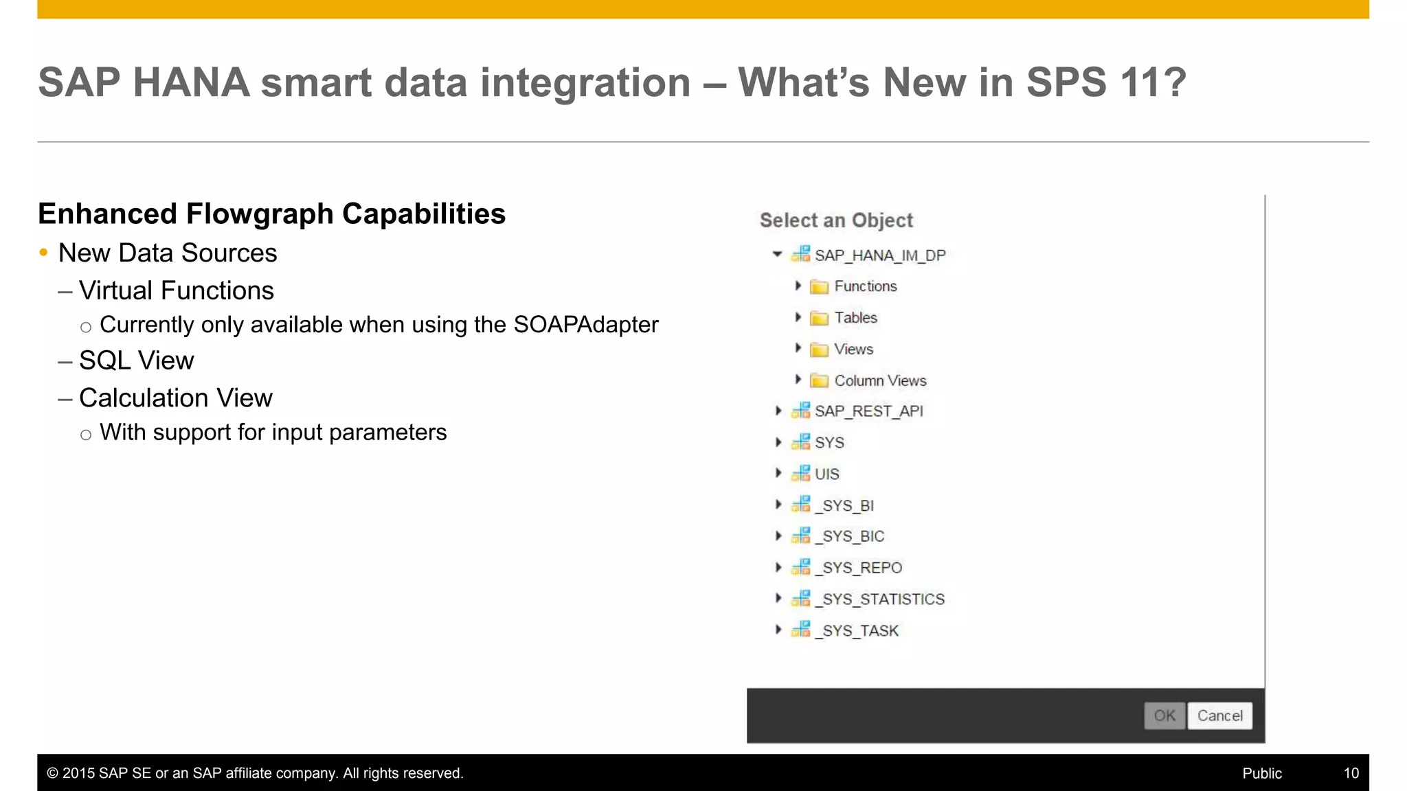 © 2015 SAP SE or an SAP affiliate company. All rights reserved. 10Public
SAP HANA smart data integration – What’s New in SPS 11?
Enhanced Flowgraph Capabilities
 New Data Sources
– Virtual Functions
o Currently only available when using the SOAPAdapter
– SQL View
– Calculation View
o With support for input parameters
 