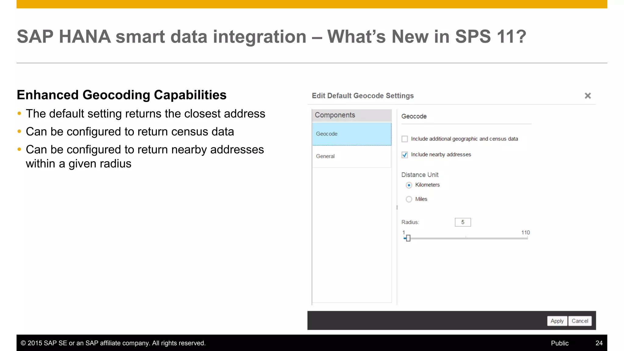 © 2015 SAP SE or an SAP affiliate company. All rights reserved. 24Public
SAP HANA smart data integration – What’s New in SPS 11?
Enhanced Geocoding Capabilities
 The default setting returns the closest address
 Can be configured to return census data
 Can be configured to return nearby addresses
within a given radius
 