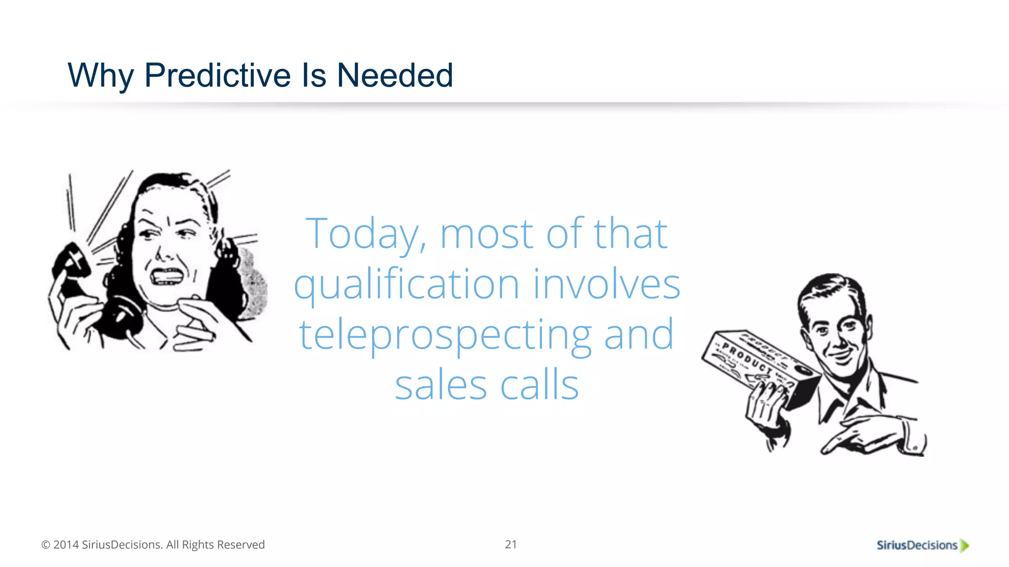 © 2014 SiriusDecisions. All Rights Reserved 
Today, most of that 
qualification involves 
teleprospecting and 
sales calls 
21 
Why Predictive Is Needed 
 