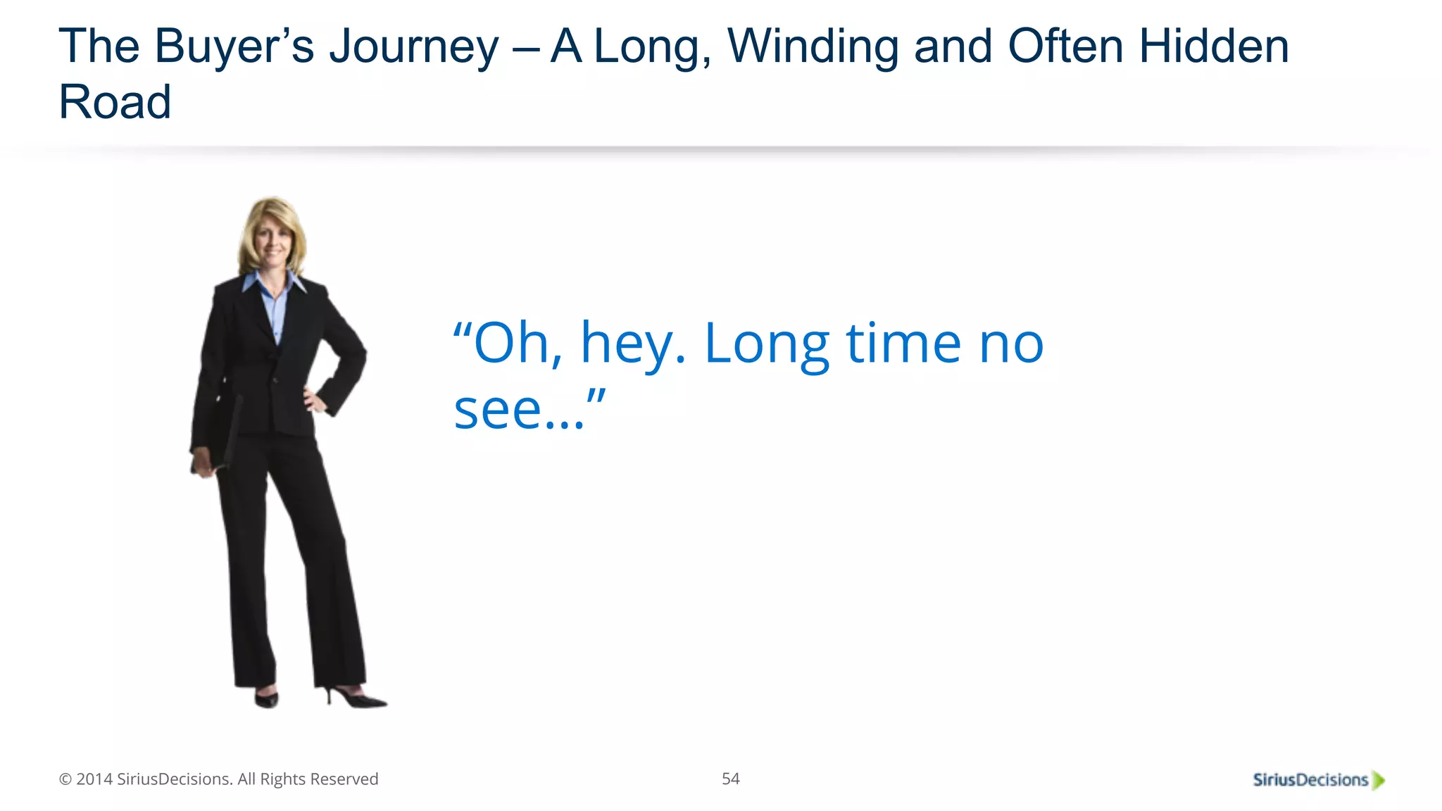 The Buyer’s Journey – A Long, Winding and Often Hidden 
Road 
© 2014 SiriusDecisions. All Rights Reserved 
“Oh, hey. Long time no 
see…” 
54 
 