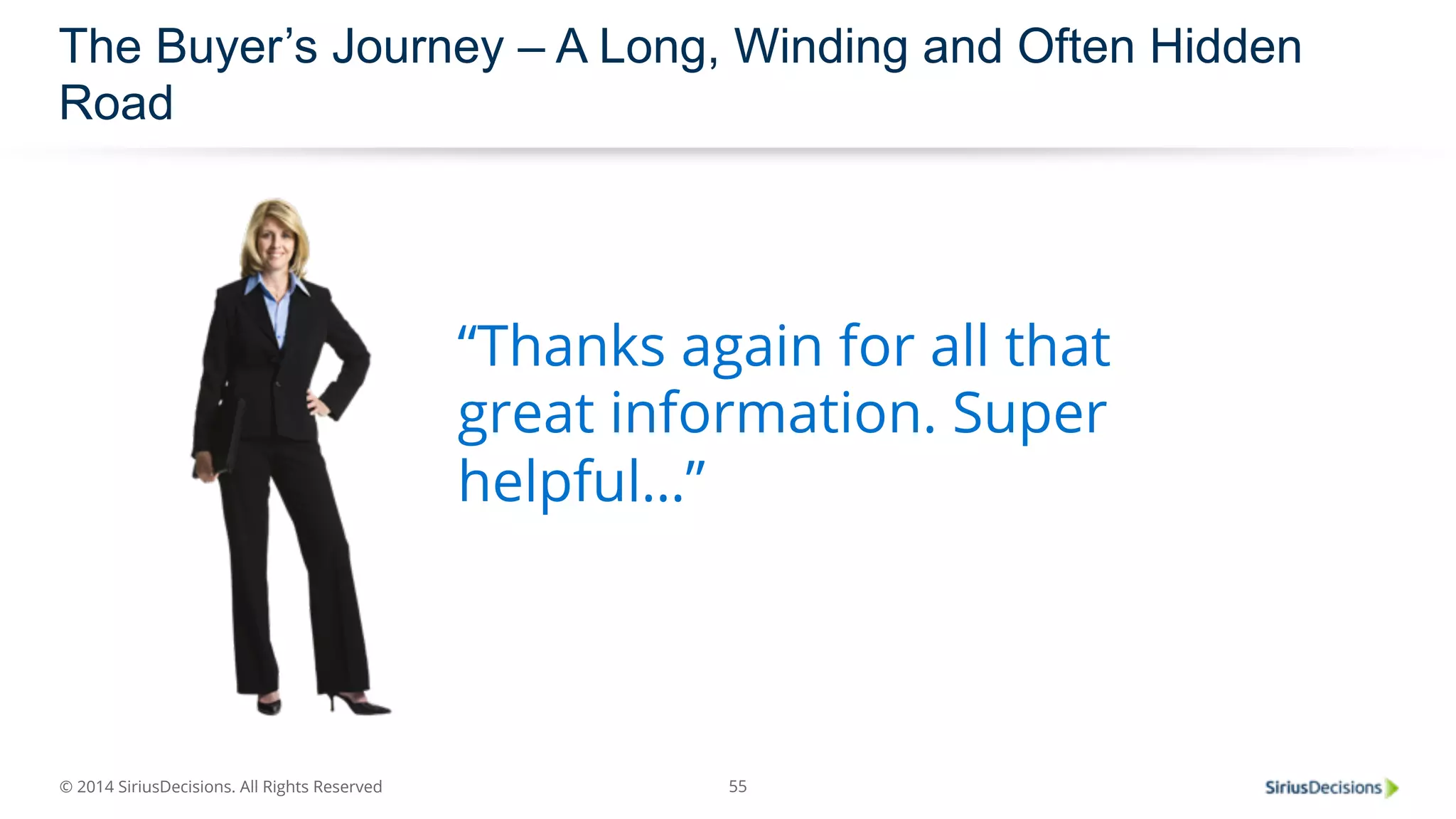 The Buyer’s Journey – A Long, Winding and Often Hidden 
Road 
© 2014 SiriusDecisions. All Rights Reserved 
“Thanks again for all that 
great information. Super 
helpful…” 
55 
 
