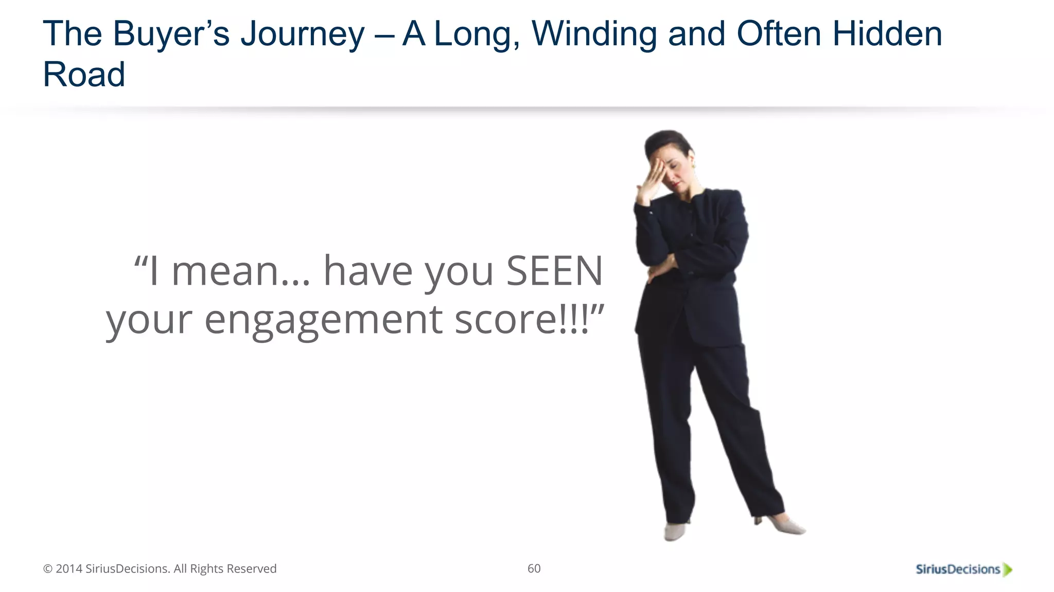 The Buyer’s Journey – A Long, Winding and Often Hidden 
Road 
“I mean… have you SEEN 
your engagement score!!!” 
© 2014 SiriusDecisions. All Rights Reserved 
60 
 