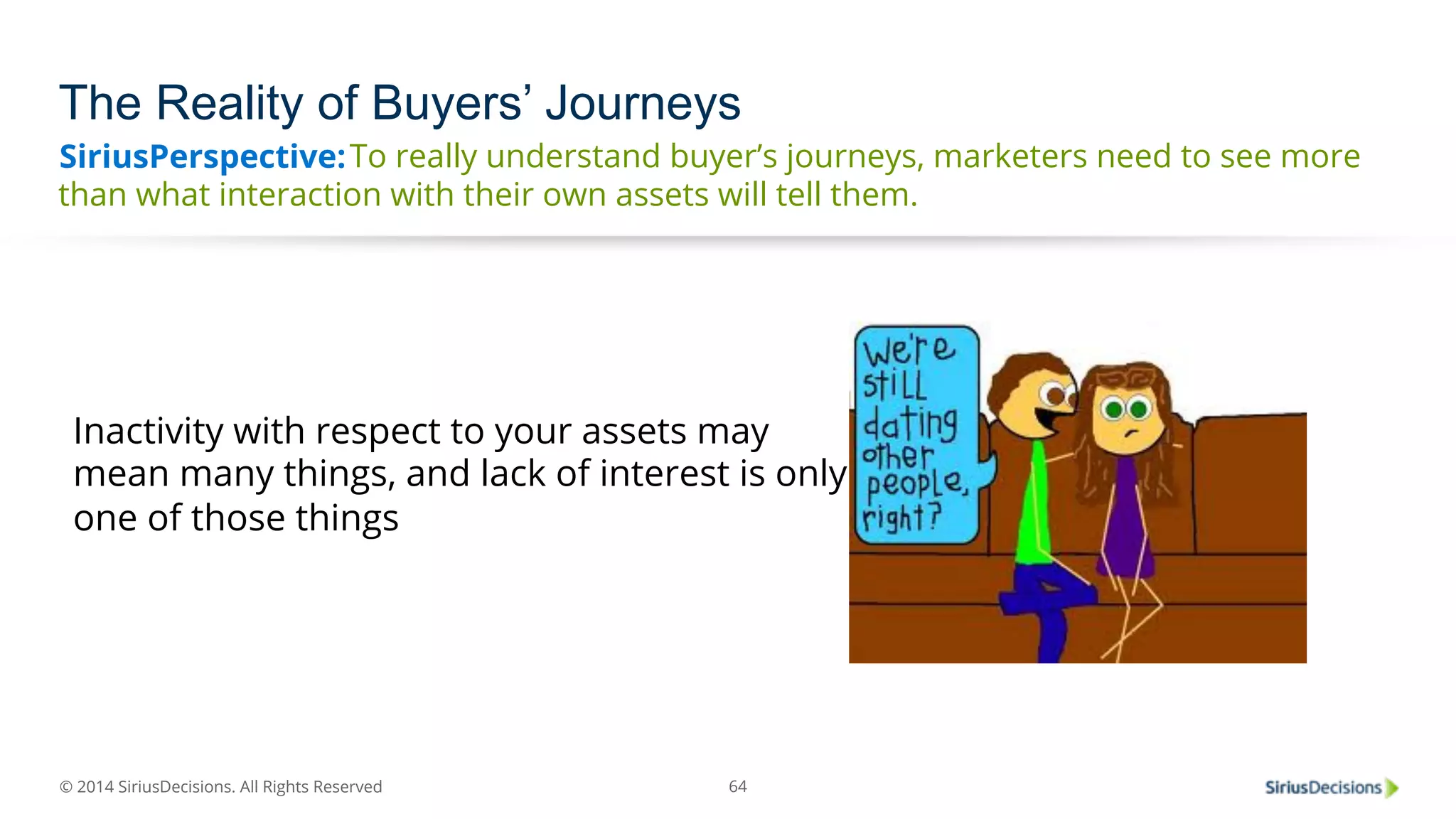 The Reality of Buyers’ Journeys 
SiriusPerspective: 
To really understand buyer’s journeys, marketers need to see more 
than what interaction with their own assets will tell them. 
Inactivity with respect to your assets may 
mean many things, and lack of interest is only 
one of those things 
© 2014 SiriusDecisions. All Rights Reserved 
64 
 