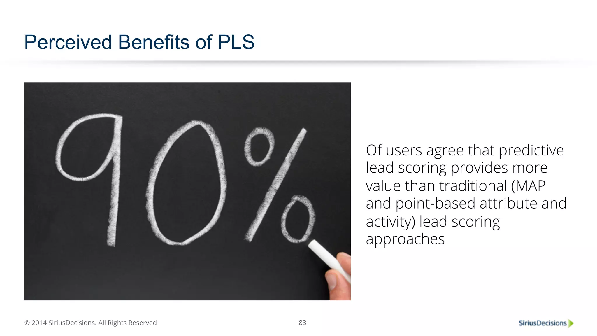 © 2014 SiriusDecisions. All Rights Reserved 
83 
Perceived Benefits of PLS 
Of users agree that predictive 
lead scoring provides more 
value than traditional (MAP 
and point-based attribute and 
activity) lead scoring 
approaches 
 
