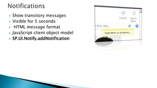 NotificationsShow transitory messagesVisible for 5 seconds HTML message formatJavaScript client object modelSP.UI.Notify.addNotification