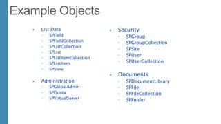  List Data
◦ SPField
◦ SPFieldCollection
◦ SPListCollection
◦ SPList
◦ SPListItemCollection
◦ SPListItem
◦ SPView
 Administration
◦ SPGlobalAdmin
◦ SPQuota
◦ SPVirtualServer
 Security
◦ SPGroup
◦ SPGroupCollection
◦ SPSite
◦ SPUser
◦ SPUserCollection
 Documents
◦ SPDocumentLibrary
◦ SPFile
◦ SPFileCollection
◦ SPFolder
 