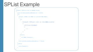 ...
foreach (SPSite site in webApp.Sites)
{
site.CatchAccessDeniedException = false;
try
{
foreach (SPWeb childWeb in site.RootWeb.Webs)
{
try
{
foreach (SPList list in childWeb.Lists)
{
if(!list.Hidden)
{
...
}
}
}
finally
{
childWeb.Dispose();
}
}
site.CatchAccessDeniedException = false;
}
finally
{
site.Dispose();
}
}
 