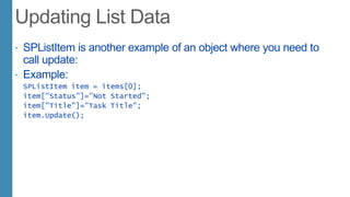  SPListItem is another example of an object where you need to
call update:
 Example:
SPListItem item = items[0];
item["Status"]="Not Started";
item["Title"]="Task Title";
item.Update();
 