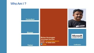 Consultant
Certification
Mohan Arumugam
Technologies Specialist
E-mail : moohanan@gmail.com
Phone : +91 99406 53876
Profile
Blogger
Trainer
Who Am I ?
 