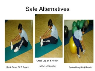SPS451/FSR/UiTM
Safe Alternatives
Back Saver Sit & Reach
Cross Leg Sit & Reach
Seated Leg Sit & Reach
 