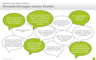 Herausforderungen unserer Kunden
SharePoint 2010 Advanced Session
„Wir haben eine
Reorganisation hinter
uns. Das Intranet können
wir nicht auf die neue
Organisation anpassen.“
„Die Inhaltspflege ist
mühsam und
kompliziert.“
„Ich muss wissen, wer für was
zuständig ist, für Inhalte,
Prozesse, Dokumente, etc.“
„Wir haben einige GBs an
Datenleichen – keine Ahnung
wer früher für diese Daten
zuständig war“.
„Unsere Mitarbeitenden
pflegen die Inhalte nicht. Und
kommentieren können Sie
auch nichts.“
„Ich habe ein Projekt
und brauche einen
Projektspace mit
Hilfsmitteln. Sofort,
einfach.“
„DMS? Bitte verschonen Sie
mich – haben wir versucht:
teuer, nicht intuitiv, ist
gescheitert.“
„Ehrlich – wir wissen gar nicht,
welche Abteilungen welche
Infos und Arbeitsmittel
brauchen.“
„Viele Informationen sind
veraltet.“
„Ich bin viel unterwegs, mal ein
paar Tage im Ausland – ich
komme nur via E-Mail Ping-
Pong mit Kollegen an
Dokumente, die ich adHoc
brauche.
„Ich weiss nicht, wer für dieses
Dokument zuständig ist. Und
ist es aktuell? Wann wurde es
angepasst und weshalb? Wie
kann ich das nachvollziehen?“
„Unsere Informationen
sind verstreut über x
Orte und Ablagen, wir
finden nie etwas!“
© Unic AG | Seite 16
 