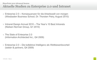 › Enterprise 2.0 – Konsequenzen für die Arbeitswelt von morgen
(Wiesbaden Business School, Dr. Thorsten Petry, August 2010)
› Intranet Design Annual 2010 – The Year‘s 10 Best Intranets
(Nielsen Norman Group, Q1 2010)
› The State of Enterprise 2.0
(Information Architected Inc., Q4 2009)
› Enterprise 2.0 – Die kollektive Intelligenz als Wettbewerbsvorteil
(sieber & partners, Q4 2009)
Aktuelle Studien zu Enterprise 2.0 und Intranet
SharePoint 2010 Advanced Session
© Unic AG | Seite 32
 