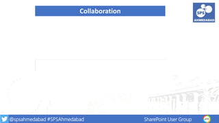 @spsahmedabad #SPSAhmedabad SharePoint User Group
Collaboratio
n Vs
coordination
Collaboration
Mutual Trust
Vulnerability
...