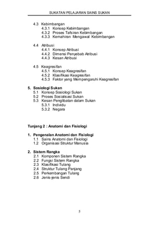 SUKATAN PELAJARAN SAINS SUKAN
5
4.3 Kebimbangan
4.3.1 Konsep Kebimbangan
4.3.2 Proses Tafsiran Kebimbangan
4.3.3 Kemahiran Mengawal Kebimbangan
4.4 Atribusi
4.4.1 Konsep Atribusi
4.4.2 Dimensi Penyebab Atribusi
4.4.3 Kesan Atribusi
4.5 Keagresifan
4.5.1 Konsep Keagresifan
4.5.2 Klasifikasi Keagresifan
4.5.3 Faktor yang Mempengaruhi Keagresifan
5. Sosiologi Sukan
5.1 Konsep Sosiologi Sukan
5.2 Proses Sosialisasi Sukan
5.3 Kesan Penglibatan dalam Sukan
5.3.1 Individu
5.3.2 Negara
Tunjang 2 : Anatomi dan Fisiologi
1. Pengenalan Anatomi dan Fisiologi
1.1 Sains Anatomi dan Fisiologi
1.2 Organisasi Struktur Manusia
2. Sistem Rangka
2.1 Komponen Sistem Rangka
2.2 Fungsi Sistem Rangka
2.3 Klasifikasi Tulang
2.4 Struktur Tulang Panjang
2.5 Perkembangan Tulang
2.6 Jenis-jenis Sendi
 