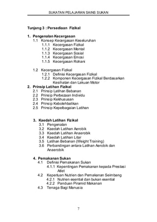 SUKATAN PELAJARAN SAINS SUKAN
7
Tunjang 3 : Persediaan Fizikal
1. Pengenalan Kecergasan
1.1 Konsep Kecergasan Keseluruhan
1.1.1 Kecergasan Fizikal
1.1.2 Kecergasan Mental
1.1.3 Kecergasan Sosial
1.1.4 Kecergasan Emosi
1.1.5 Kecergasan Rohani
1.2 Kecergasan Fizikal
1.2.1 Definisi Kecergasan Fizikal
1.2.2 Komponen Kecergasan Fizikal Berdasarkan
Kesihatan dan Lakuan Motor
2. Prinsip Latihan Fizikal
2.1 Prinsip Latihan Bebanan
2.2 Prinsip Perbezaan Individu
2.3 Prinsip Kekhususan
2.4 Prinsip Kebolehbalikan
2.5 Prinsip Kepelbagaian Latihan
3. Kaedah Latihan Fizikal
3.1 Pengenalan
3.2 Kaedah Latihan Aerobik
3.3 Kaedah Latihan Anaerobik
3.4 Kaedah Latihan Litar
3.5 Latihan Bebanan (Weight Training)
3.6 Perbandingan antara Latihan Aerobik dan
Anaerobik
4. Pemakanan Sukan
4.1 Definisi Pemakanan Sukan
4.1.1 Kepentingan Pemakanan kepada Prestasi
Atlet
4.2 Keperluan Nutrien dan Pemakanan Seimbang
4.2.1 Nutrien esential dan bukan esential
4.2.2 Panduan Piramid Makanan
4.3 Tenaga Bagi Manusia
 