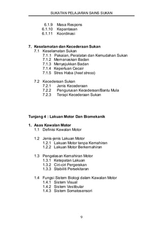 SUKATAN PELAJARAN SAINS SUKAN
9
6.1.9 Masa Respons
6.1.10 Kepantasan
6.1.11 Koordinasi
7. Keselamatan dan Kecederaan Sukan
7.1 Keselamatan Sukan
7.1.1 Pakaian, Peralatan dan Kemudahan Sukan
7.1.2 Memanaskan Badan
7.1.3 Menyejukkan Badan
7.1.4 Keperluan Cecair
7.1.5 Stres Haba (heat stress)
7.2 Kecederaan Sukan
7.2.1 Jenis Kecederaan
7.2.2 Pengurusan Kecederaan/Bantu Mula
7.2.3 Terapi Kecederaan Sukan
Tunjang 4 : Lakuan Motor Dan Biomekanik
1. Asas Kawalan Motor
1.1 Definisi Kawalan Motor
1.2 Jenis-jenis Lakuan Motor
1.2.1 Lakuan Motor tanpa Kemahiran
1.2.2 Lakuan Motor Berkemahiran
1.3 Pengelasan Kemahiran Motor
1.3.1 Ketepatan Lakuan
1.3.2 Ciri-ciri Pergerakan
1.3.3 Stabiliti Persekitaran
1.4 Fungsi Sistem Biologi dalam Kawalan Motor
1.4.1 Sistem Visual
1.4.2 Sistem Vestibular
1.4.3 Sistem Somatosensori
 