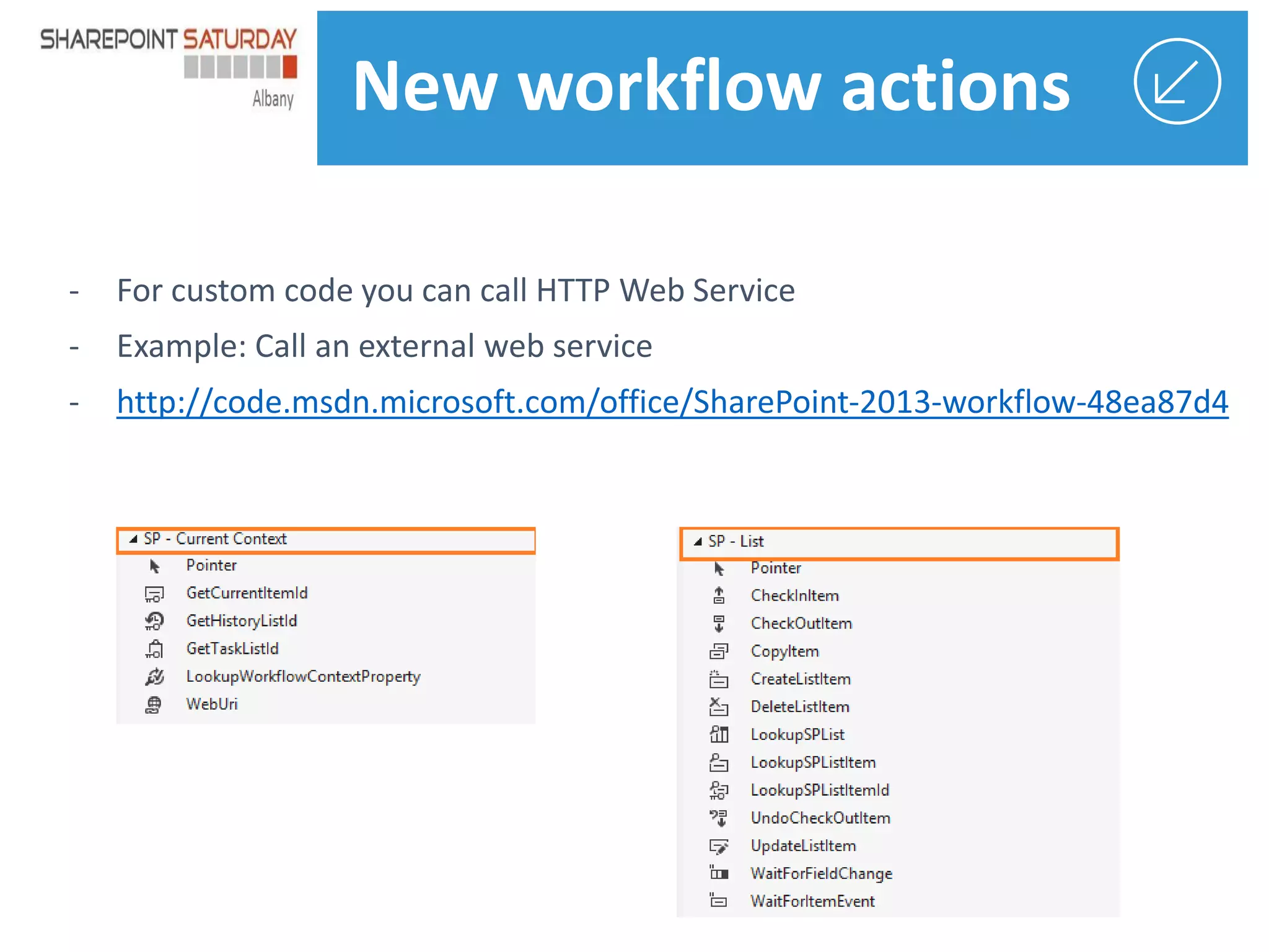 New workflow actions

http://code.msdn.microsoft.com/office/SharePoint-2013-workflow-48ea87d4

 