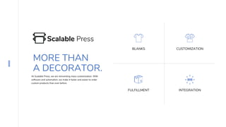 MORE THAN
A DECORATOR.
At Scalable Press, we are reinventing mass customization. With
software and automation, we make it faster and easier to order
custom products than ever before.
BLANKS CUSTOMIZATION
FULFILLMENT INTEGRATION
 