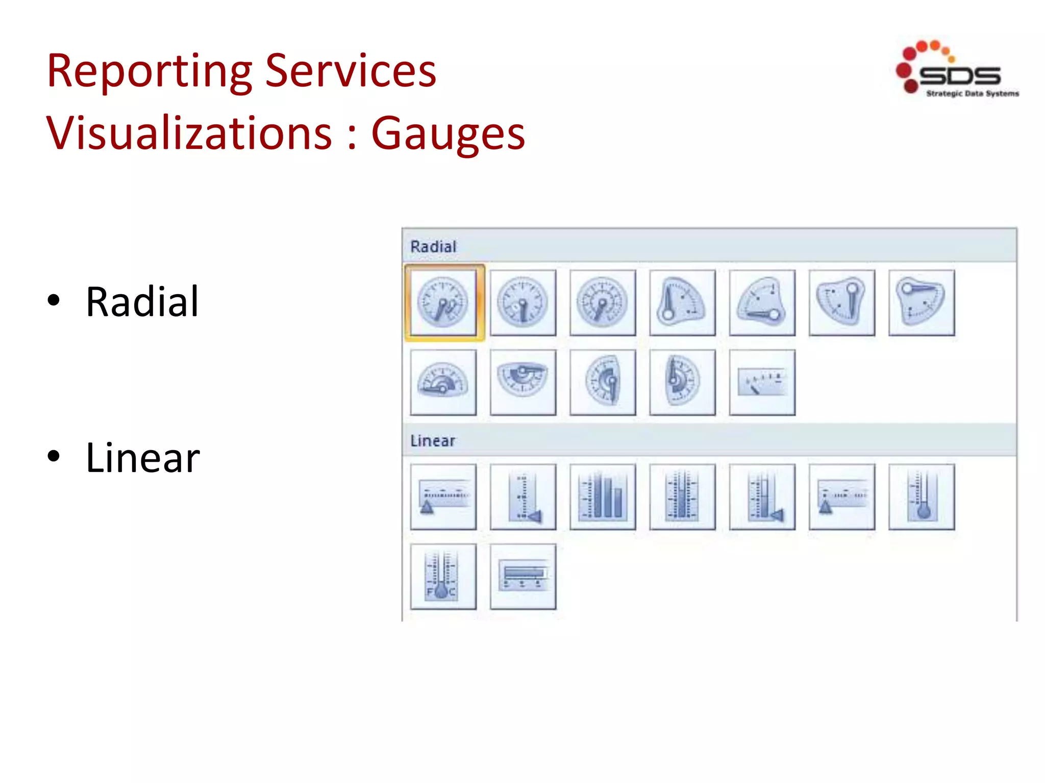 Reporting Services
Visualizations : Gauges
• Radial
• Linear
 