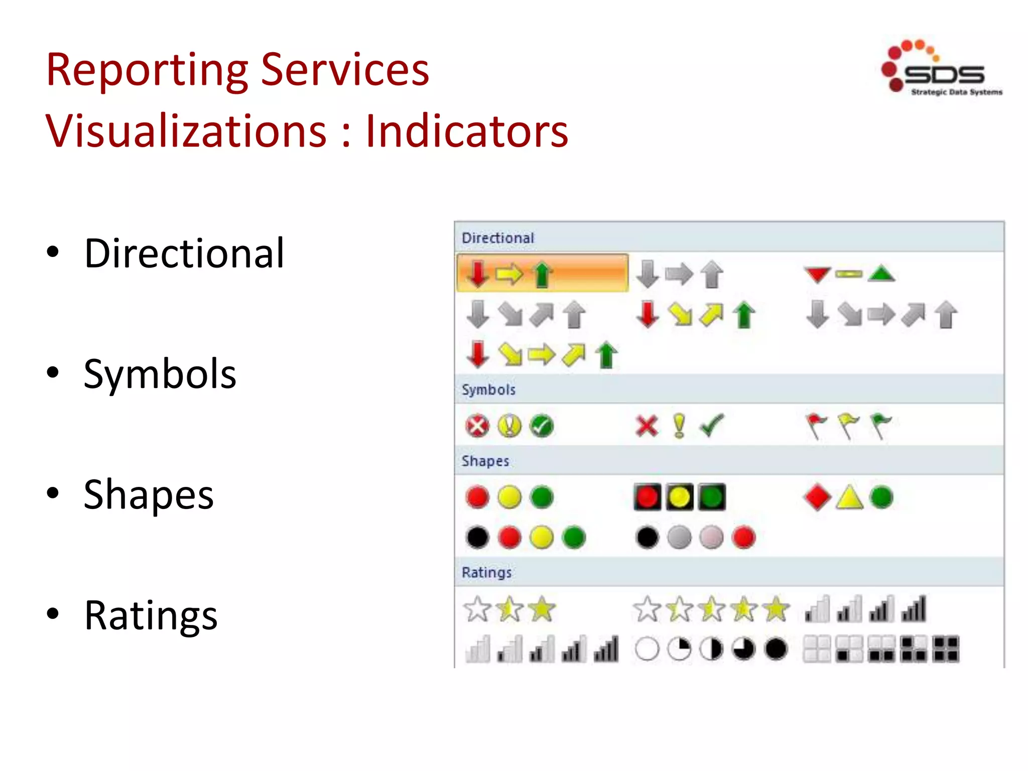Reporting Services
Visualizations : Indicators
• Directional
• Symbols
• Shapes
• Ratings
 