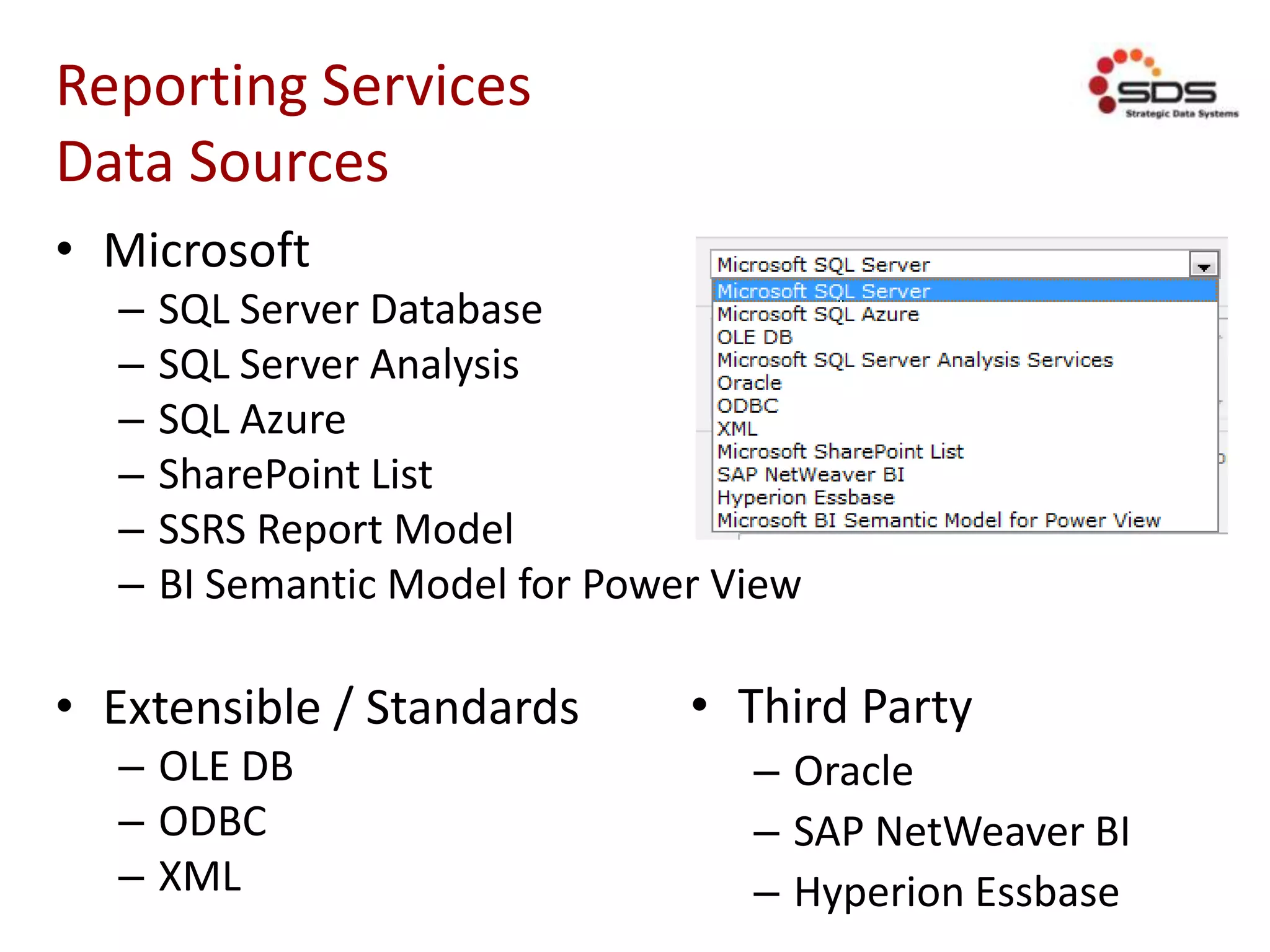 Reporting Services
Data Sources
• Microsoft
– SQL Server Database
– SQL Server Analysis
– SQL Azure
– SharePoint List
– SSRS Report Model
– BI Semantic Model for Power View
• Extensible / Standards
– OLE DB
– ODBC
– XML
• Third Party
– Oracle
– SAP NetWeaver BI
– Hyperion Essbase
 